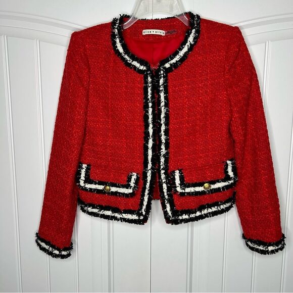 Alice + Olivia Landon Red Black Tweed Cropped Box Jacket Size XSmall Lady Jacket - Picture 3 of 7